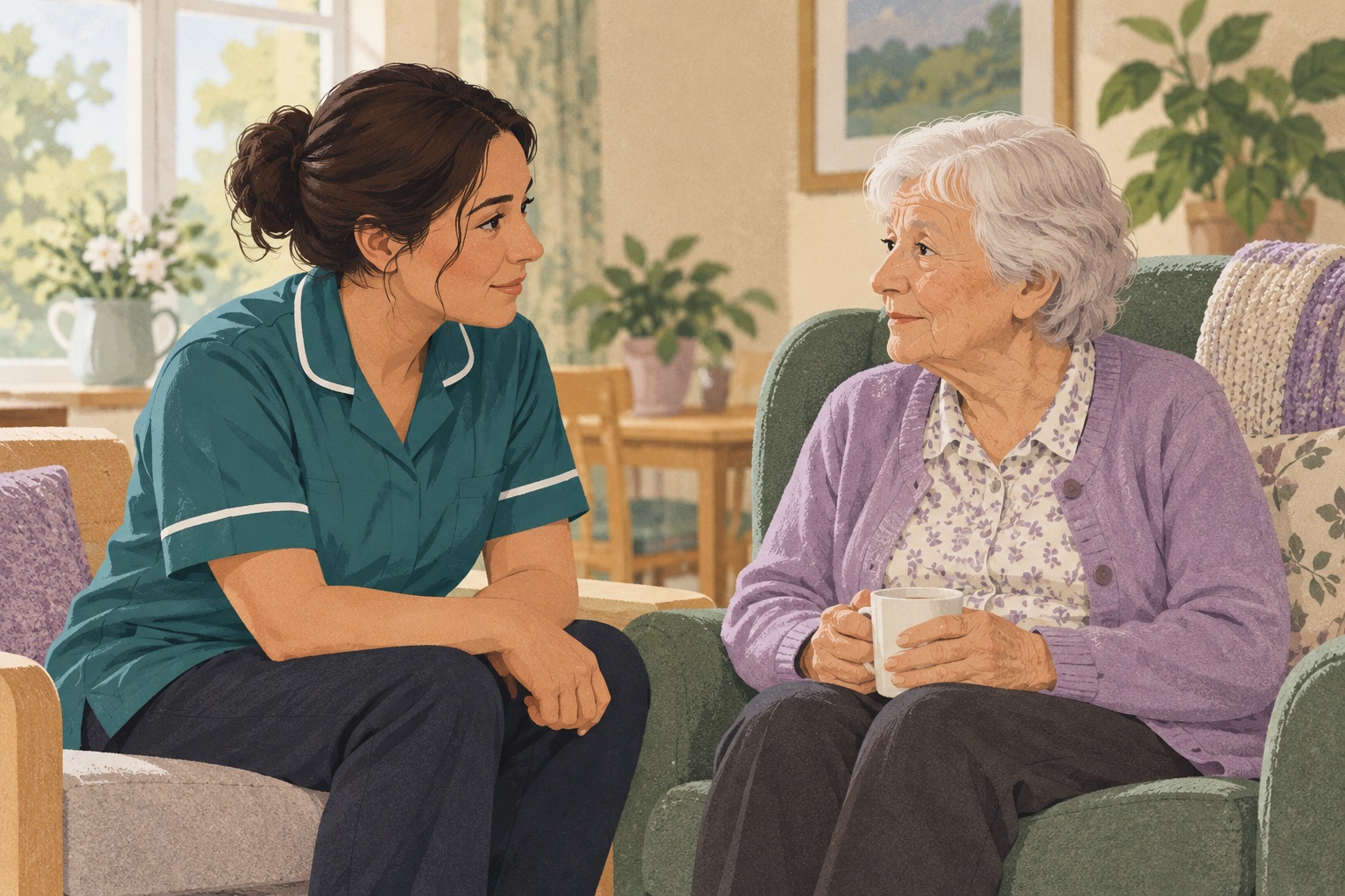 Illustration of a long-term care nurse listening to an older resident