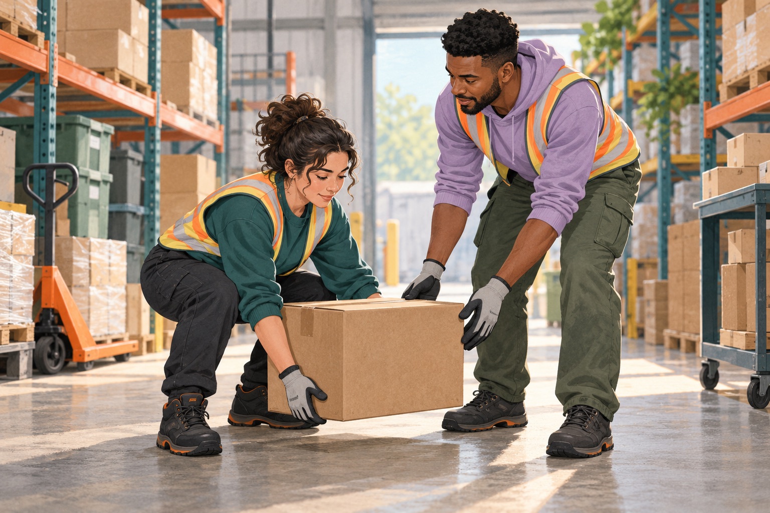 Illustration of two warehouse coworkers lifting a box together